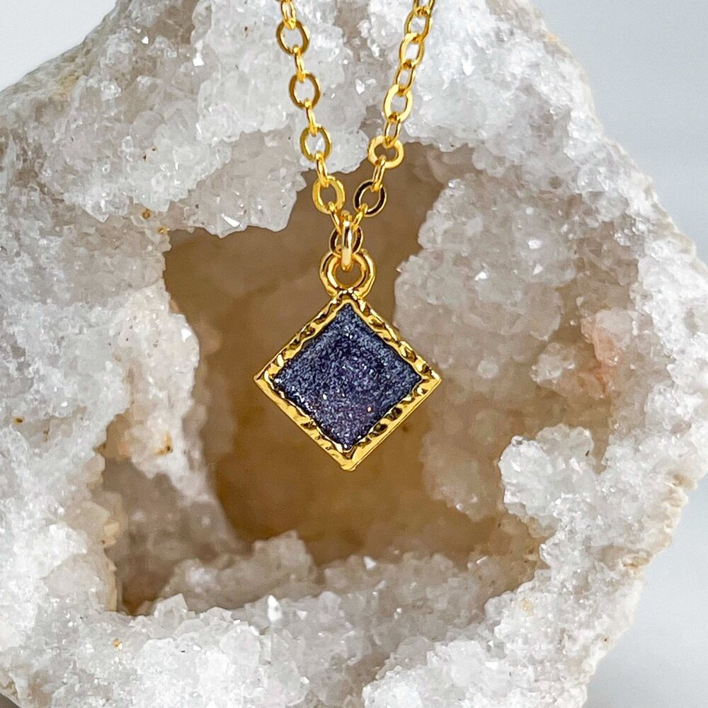 3/$20 14k Gold Dark Purple Glitter Resin Diamond Handmade Pendant Necklace